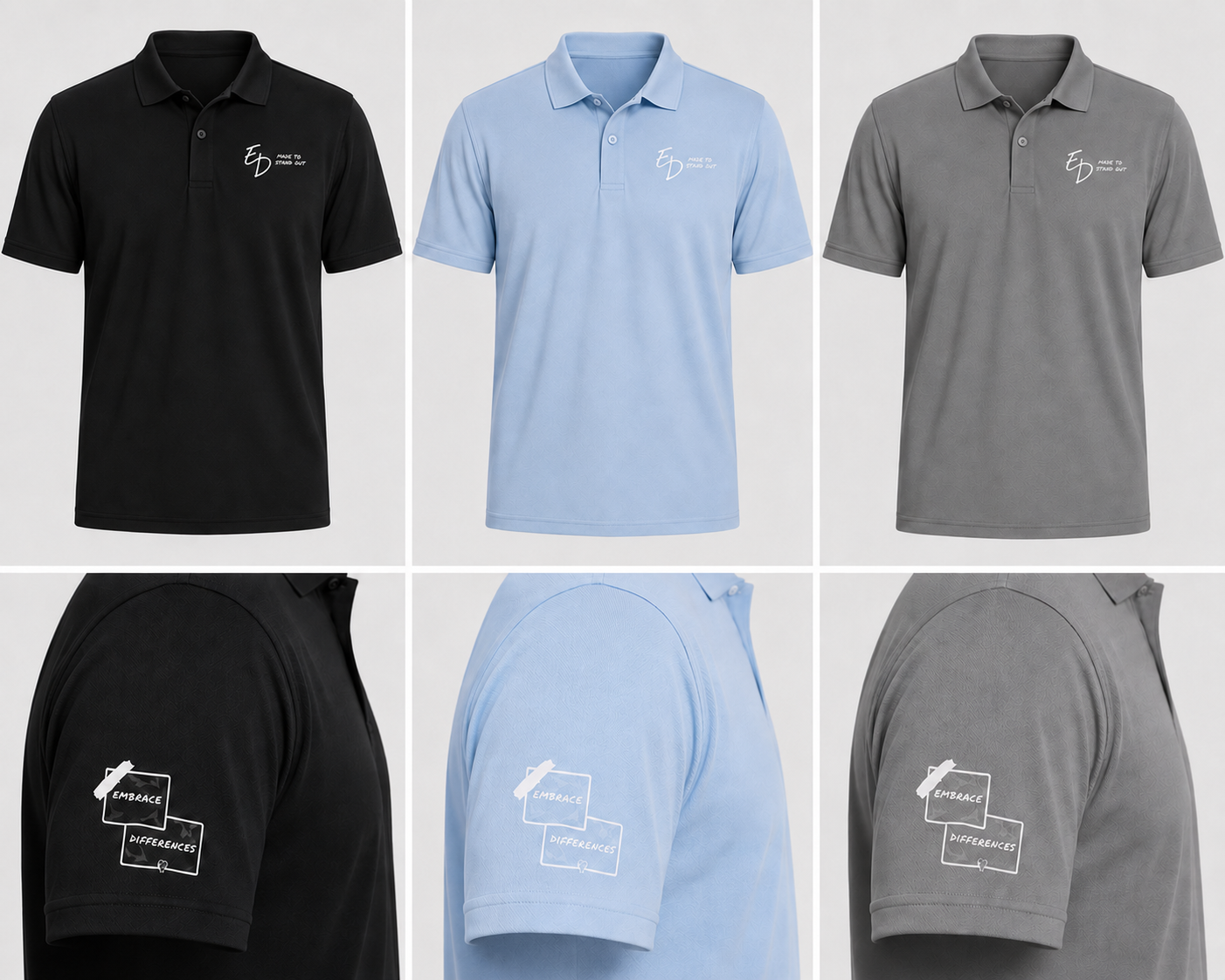 On the Course golf polo range in black, light blue and silver grey with discrete white branding